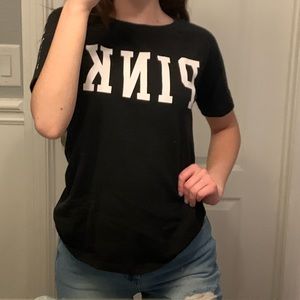 PINK tee shirt black with white letters